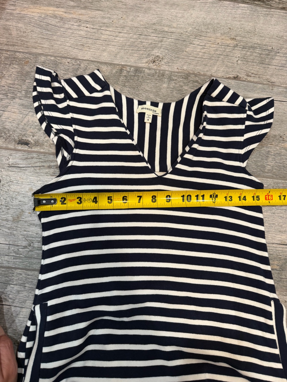 Monteau Navy Stripe Flutter Sleeve Pocket Knit Dress Size Small - Picture 8 of 9